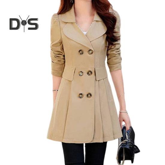 Fall Winter Women Jacket Double Breasted Lapel Mid Length Solid Color Pleated Long Sleeve A Line Tight Waist OL Commute Style Lady Jacket Trench Coat