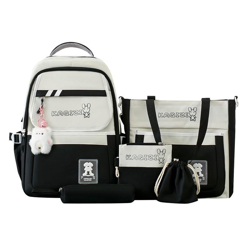 Canvas Casual Backpack Five Piece Set For Students With Rabbit Letter Pattern For School Use