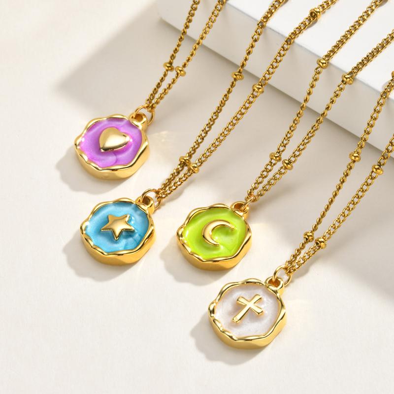 Colorful Enamel Round Pendant Necklace, Star Cross Heart Moon Choker, Stainless Steel Tarnish Resistant Clavicle Jewelry