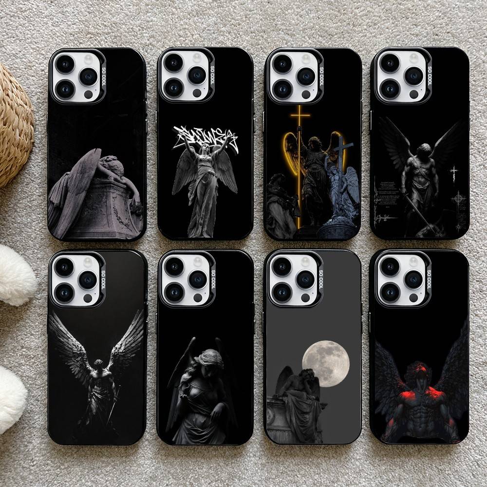Angel Sculpture Phone Case For iPhone17, 16,15,14,13,12 Pro Max Black Candy Matte Shockproof Cover