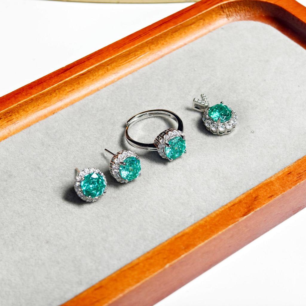 Gessen Paraiba Schlichtes Rosenschliff Schmuckset: Exquisite Ohrringe, Ring & Anhänger im leichten Luxusstil.