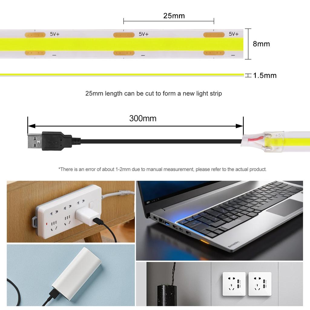 DC 5V LED COB Strip Light USB/2pin/DC Plug Connector High Density Self-adhesive Flexible Background Lighting Tape for Home Decor