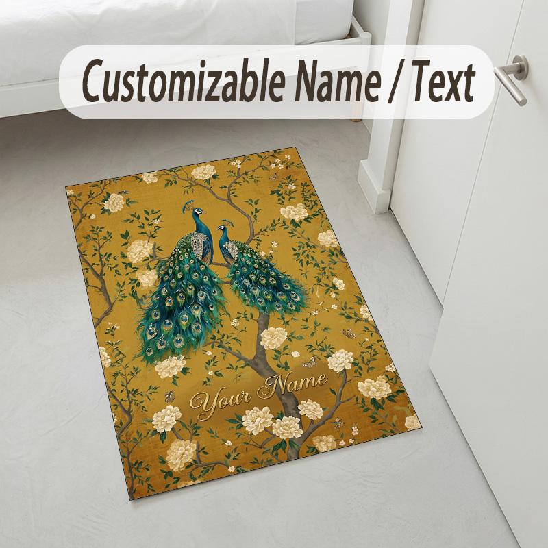 Peacock Theme Soft Crystal Velvet Rug Custom Name & Text Print Non Slip Floor Rug for Bedroom Living Room