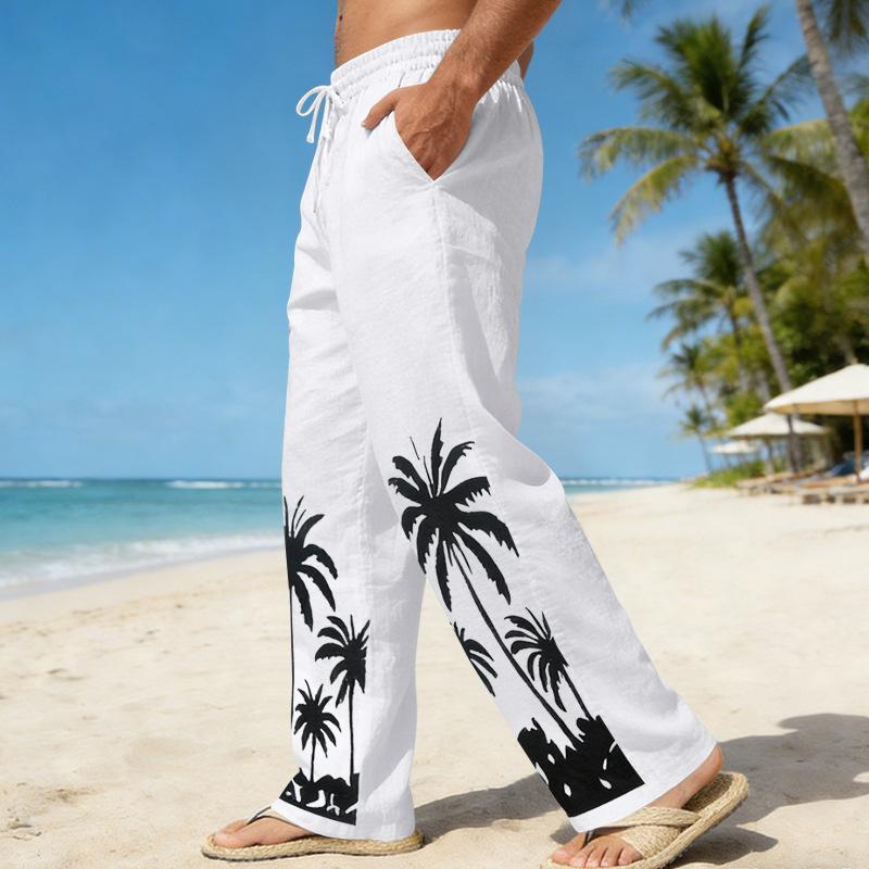 Four Seasons Men's Relaxed Fit Beach Resort Casual Printed Straight-Leg Linen Trousers
