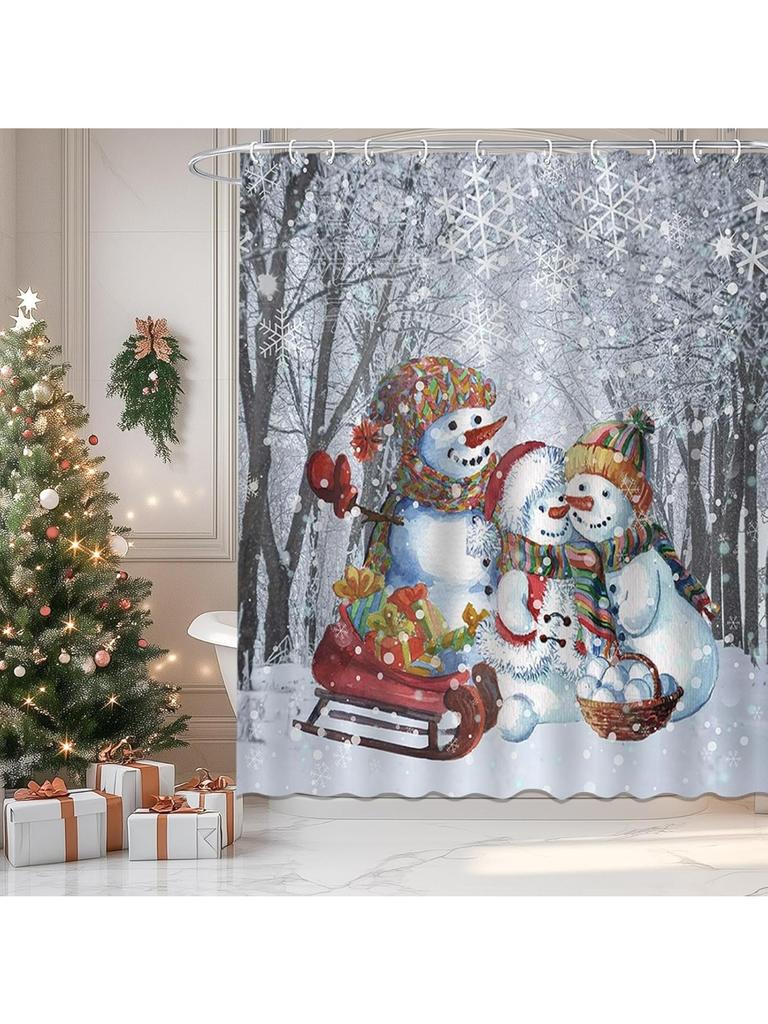 Snowman Shower Curtain Cute Snowman Snowflake Forest Tree Scene Christmas Shower Curtain Bathroom Bathtub Curtain 72X72 Inch