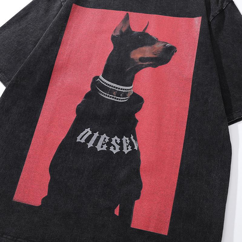 American High Street Doberman Gangster Printed Washed Old Short Sleeve T-Shirt Men'S And Women'S Vintage Vintage Half Sleeve