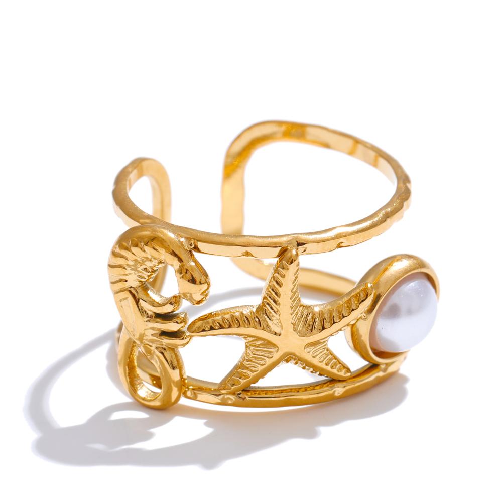 Yhpup Ocean Style Seahorse Starfish Shell Open Adjustable Ring PVD Plated Golden Holiday Finger Adjustable Jewelry Wholesale resizable