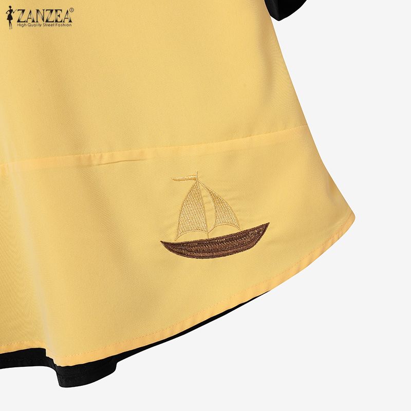 ZANZEA Women Casual Turn Down Collar Summer Short Sleeve Patchwork Blouse