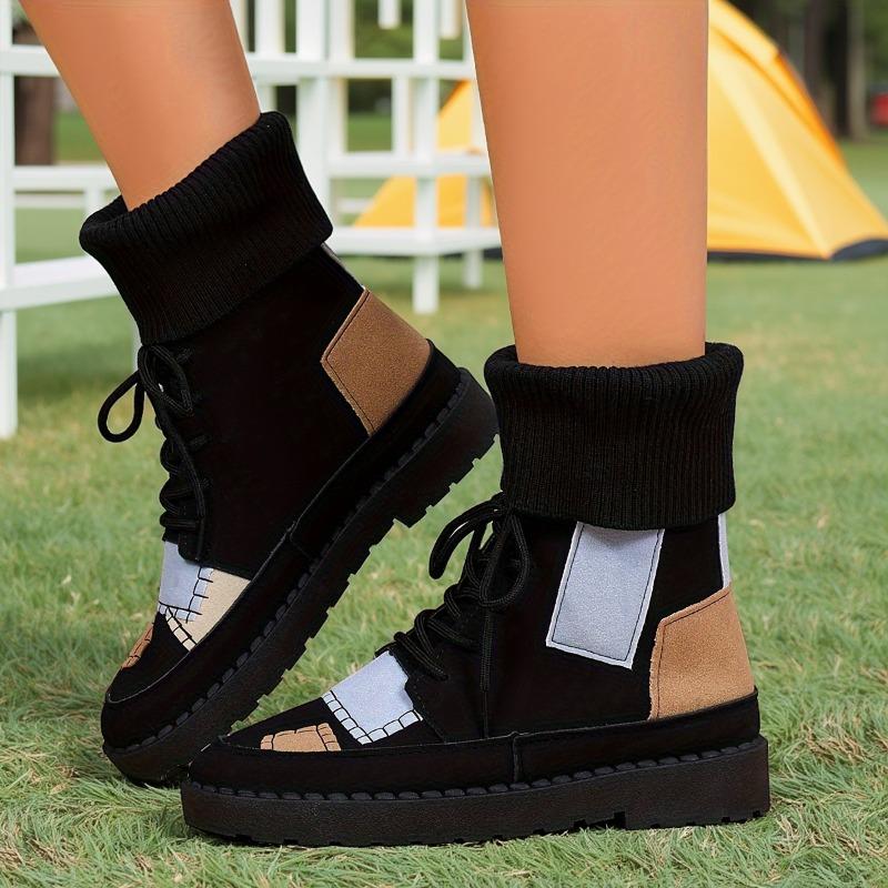 Beige & Blau Karierte Klobige Niedrige Absatz Schnürstiefeletten - Runde Zehenpartie Lässig Winter mit Sohle & Obermaterial aus Stoff