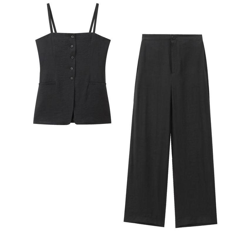 Kaslead New Arrival Women's Fashion Style Decorated Row Button Vest Casual Long Pleated Pants 4043287 4043286