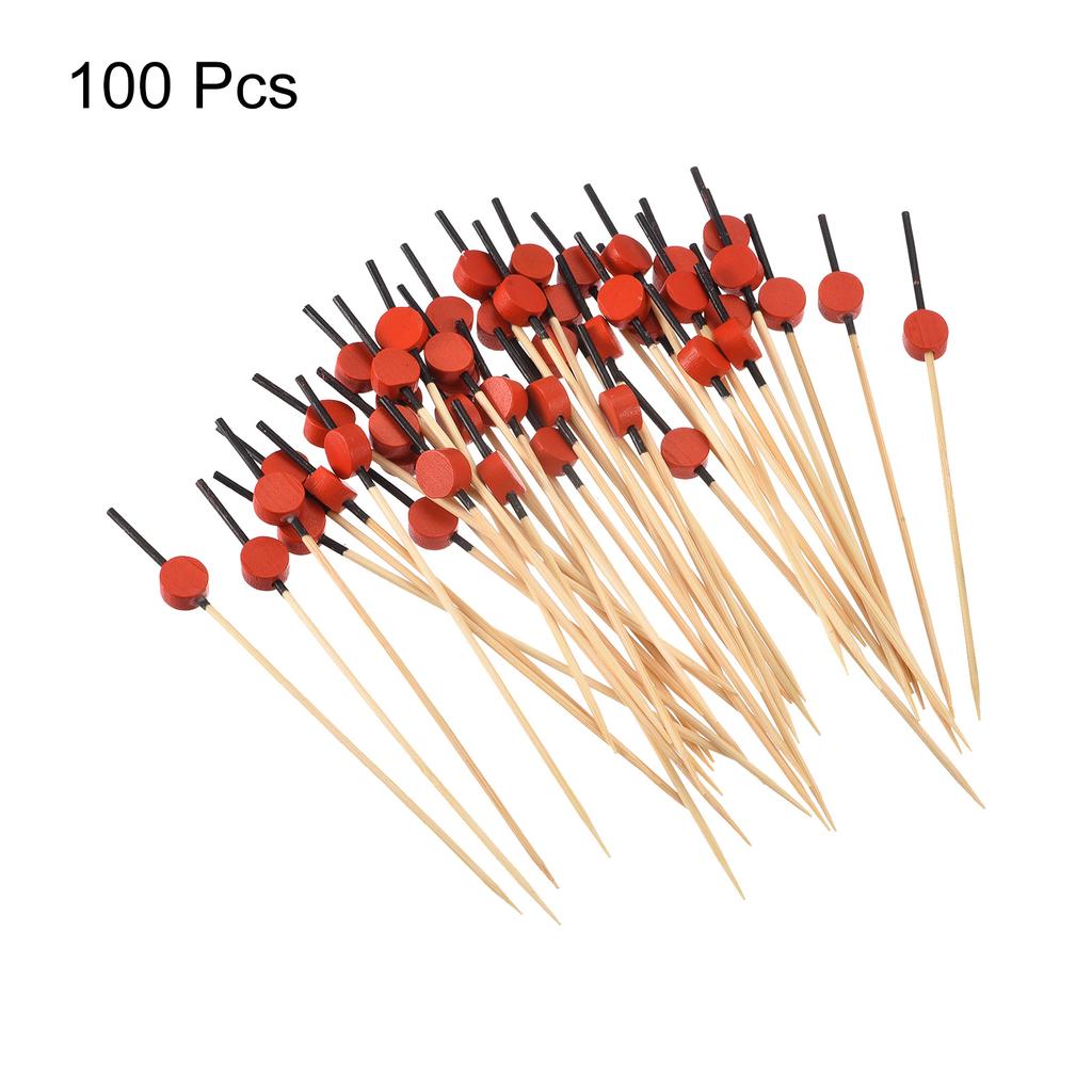 Cocktail Toothpicks 100Pcs Bamboo Red Flat Round Long Fruit Stick Decorative Cocktail Skewers Picks for Drinks Appetizer Fruits