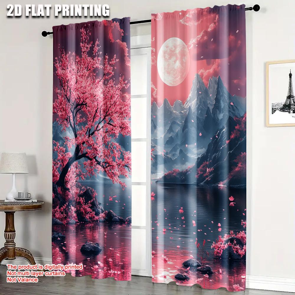 2pcs   Curtain Popular  print Cherry Blossom Moon Versatile 100% Polyester (without rod) Stuff Clearance Ldeal for Living Room