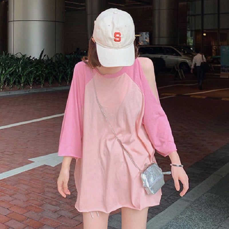 

Летняя футболка с открытыми плечами, с коротким рукавом, свободного кроя, нишевого стиля, закрывающая бедра Pink S