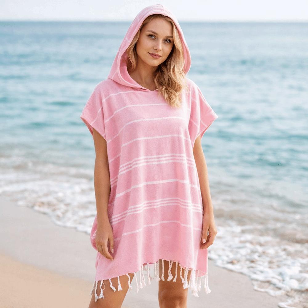 Wearable Sand-proof Hooded Beach Towel Stripe Patchwork Soft Cotton Bathrobe Travel Supplies Loose Bath Towel Beach