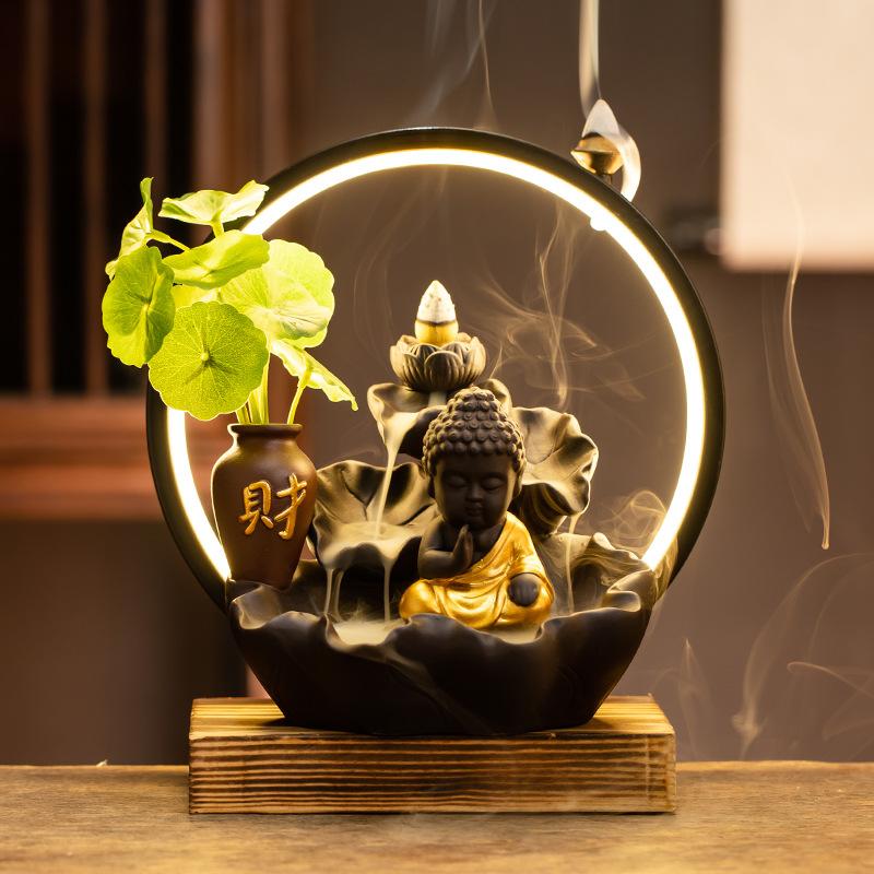 Luxusní světlo Nové Buddha Ruční Zpětný Proud Kadidlo Hořák LED Lampa Kroužek Domácí Dekorace Fialový Písek Zen Kadidlo Hořák Kadidlo Table