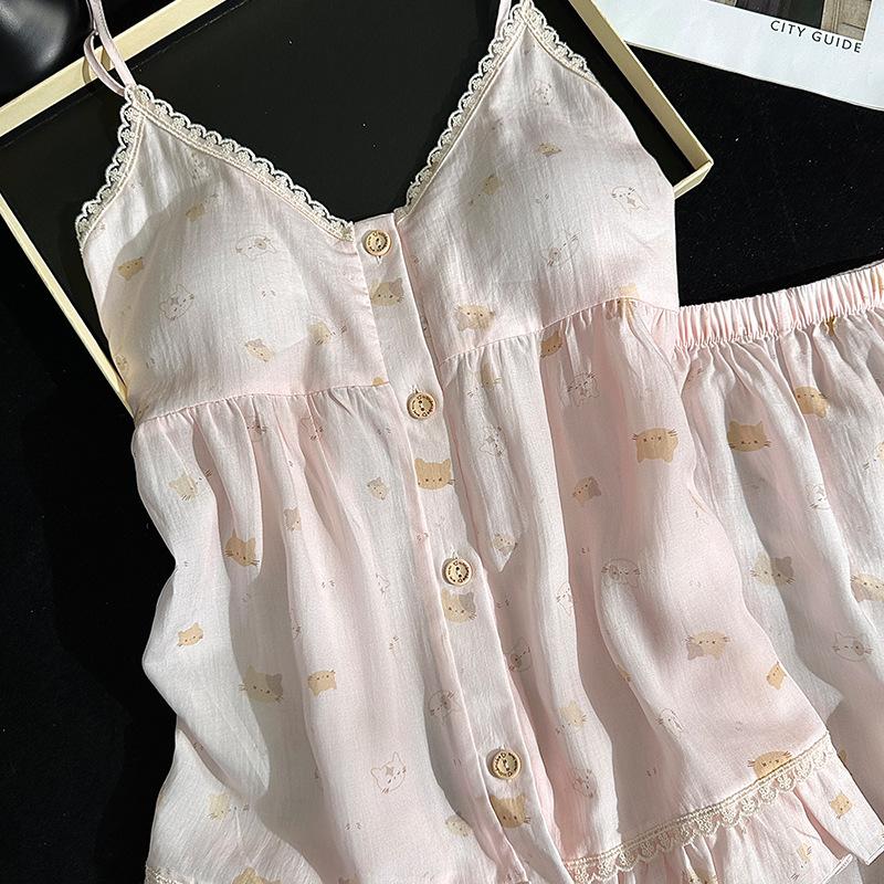 Cartoon suspenders lace pajamas ladies lyocell sweet cute wind shorts summer loungewear comfortable suit