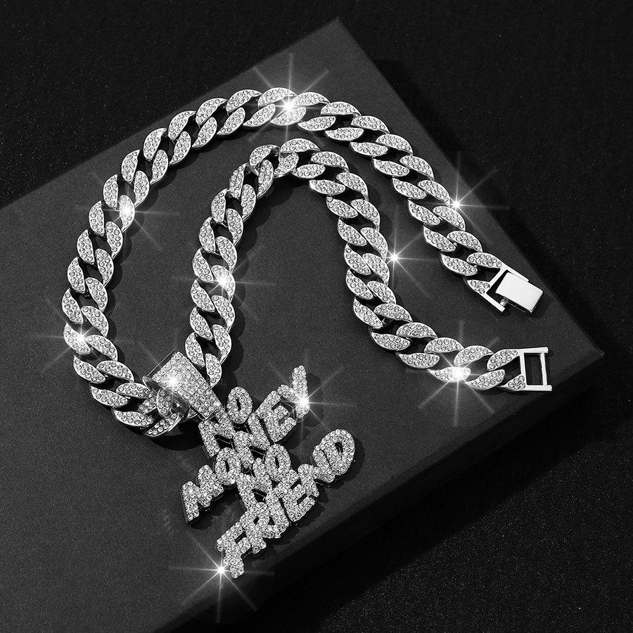 European and American New Product Full Diamond Letter NO MONEY NO FAIEND Hip Hop Personalized Alloy Pendant Cuban Chain