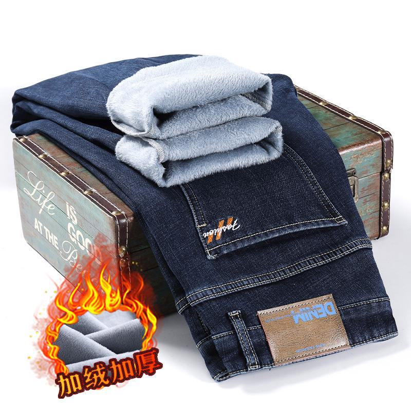 Men's European Slim Straight Elastic Jeans with Velvet, Cat Whisker Design for 2024 Autumn/Winter.
