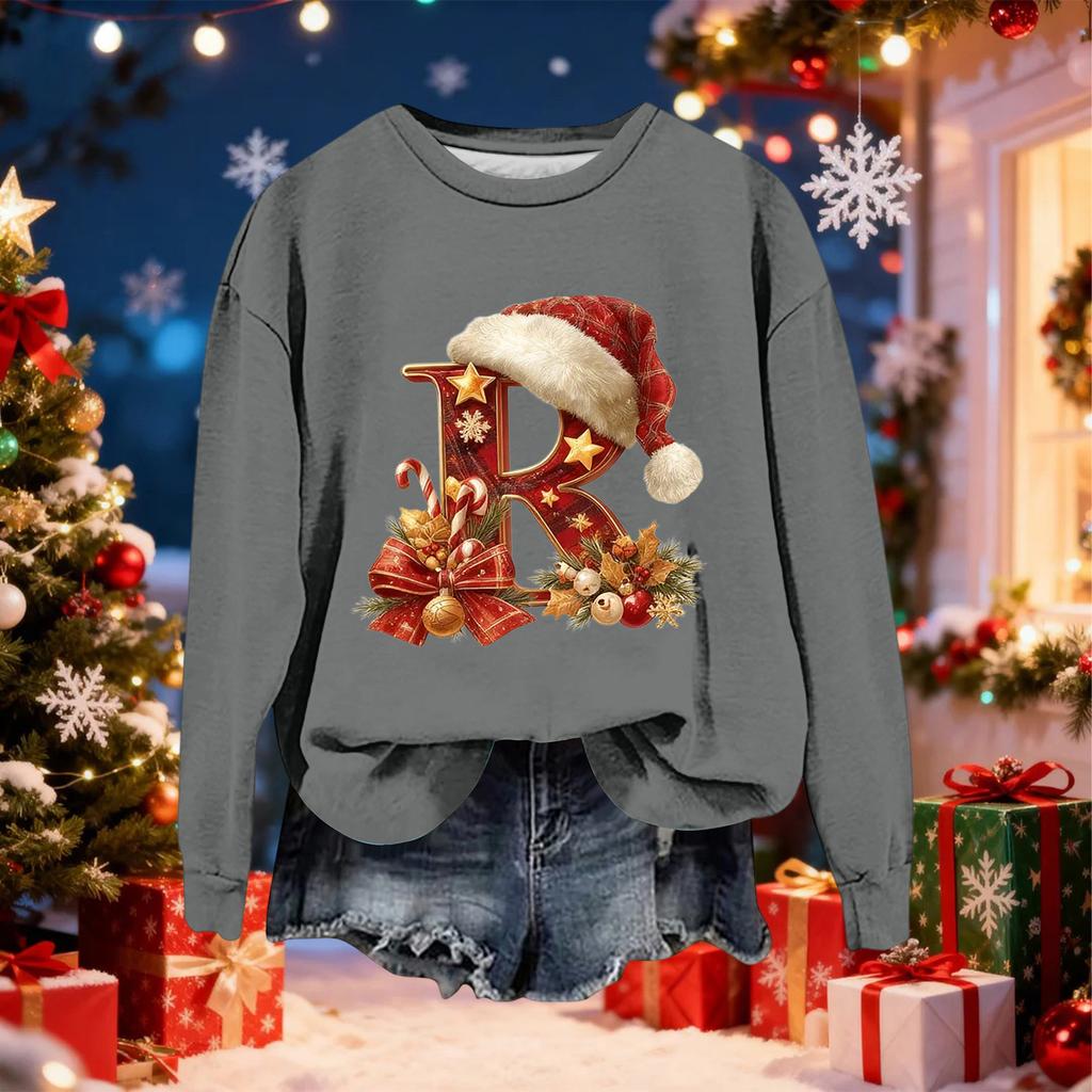 Damen Modisches Lässiges Langarm-Weihnachts-Sweatshirt mit Buchstaben-Print und Rundhalsausschnitt