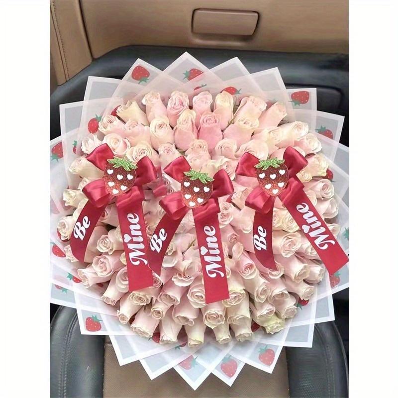 20-Pack Cartoon Strawberry Print Waterproof Floral Wrapping Paper, Semi-Transparent Bouquet Sheets for Weddings & Gifts, Back To School Valentine Day