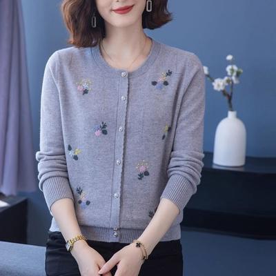 Women's Embroidered Wool Sweater Autumn  Winter Round Neck Loose Wool Cardigan Knitted Jacket Top