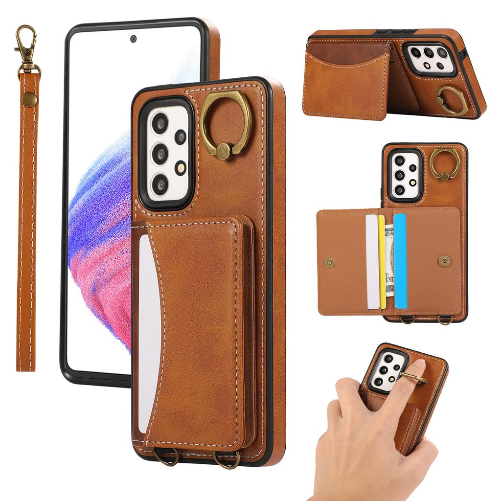 For Samsung Galaxy A53 5G PU Leather Back Case Card Holder Kickstand Phone Cover with Wrist Strap