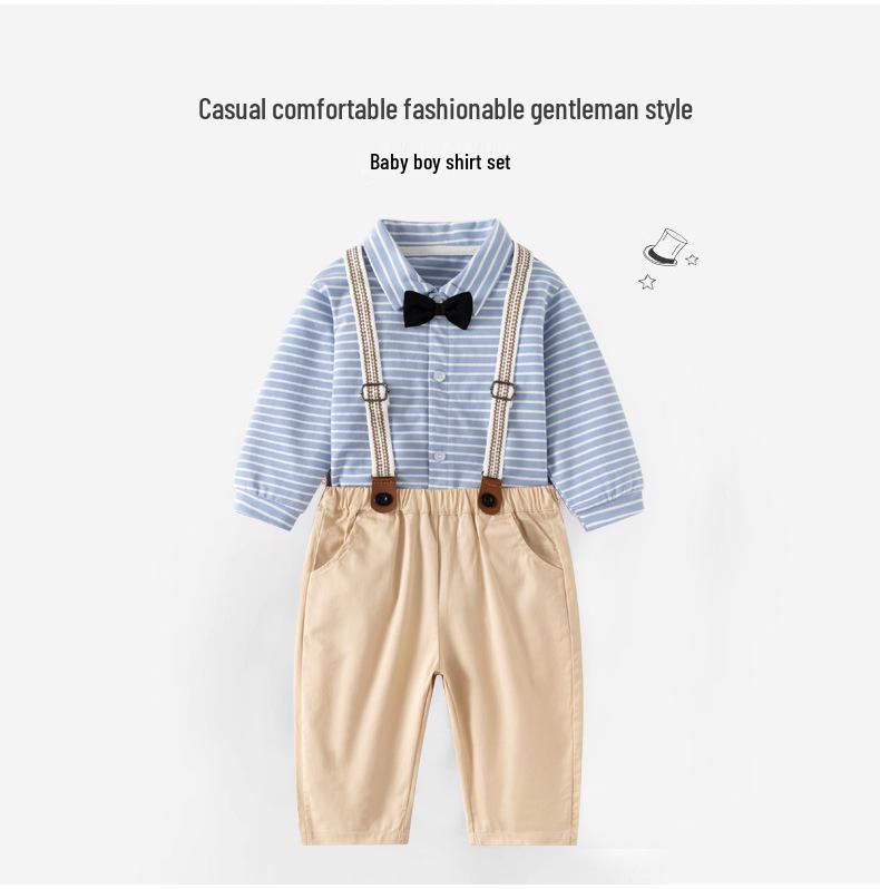 British Baby Boy Overalls Set: Two-Piece Formal Wear for Spring/Autumn - 1-Year-Old Long-Sleeved Gentleman Shirt