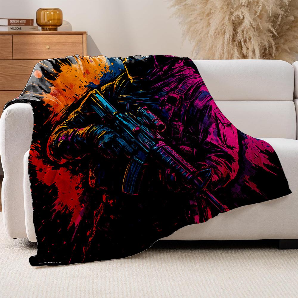 1pc Special Forces Commando Action Figure Blanket - Heavyweight Plush Flannel All-Season Soft Bedspread with Military Action Des