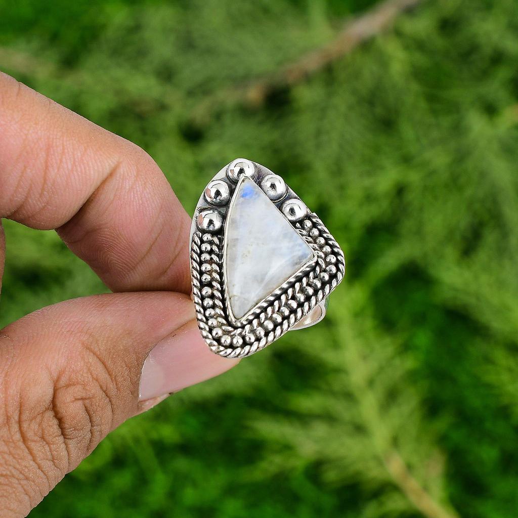 Sterling Silver Rainbow Moonstone Gemstone Statement Promise Crown Chakra Ring