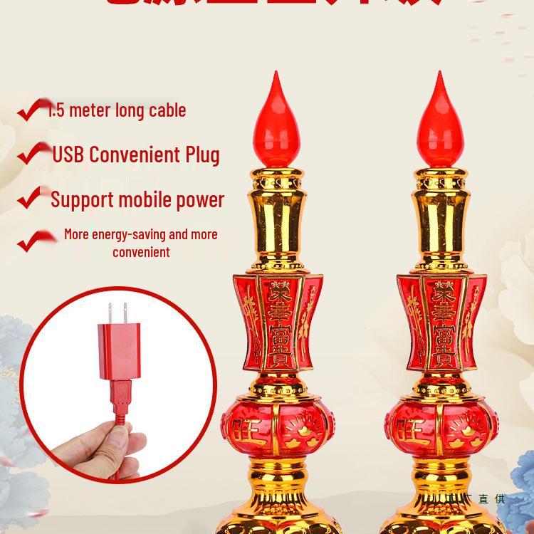 Electric Candlestick for Buddhist Offerings, Ever-Burning Candle Lamp for Wealth God, Household Offering Pair