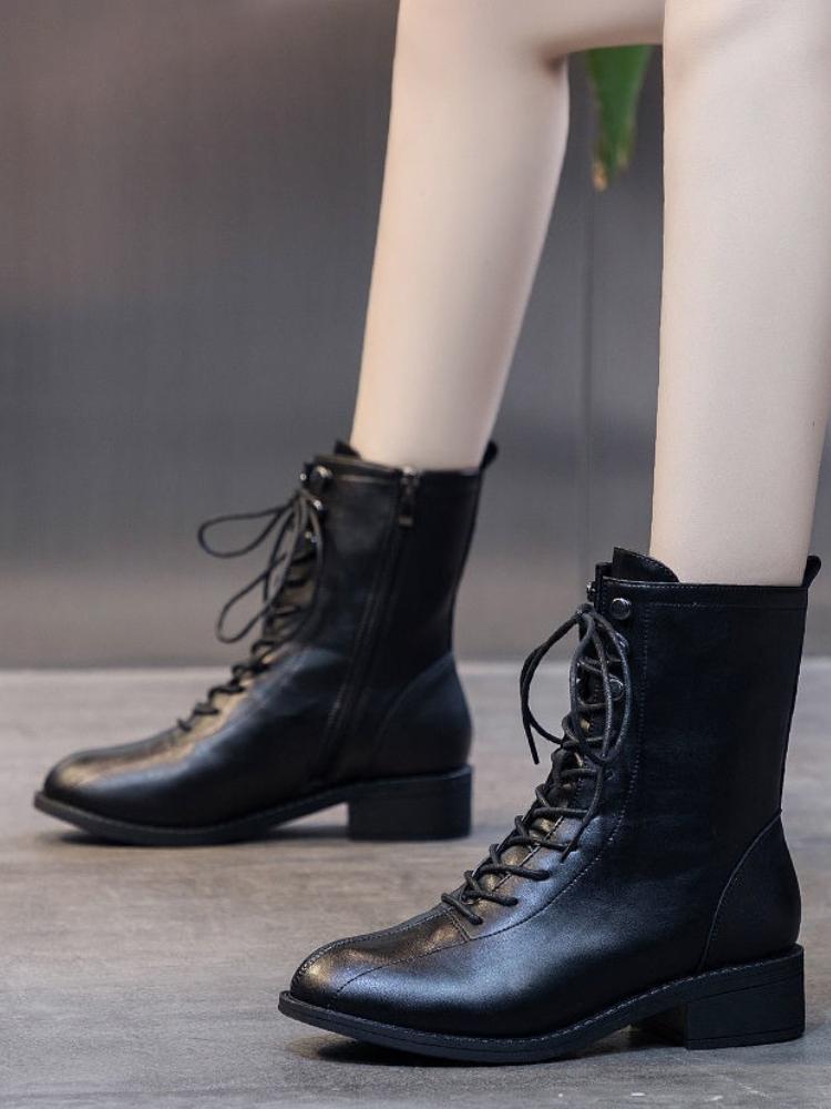 Fashion Elegant with Medium Heels Women's Ankle Boots Lace-up Leather Female Short Shoes Autumn Winter New in Sale Fashion 2025 Booties