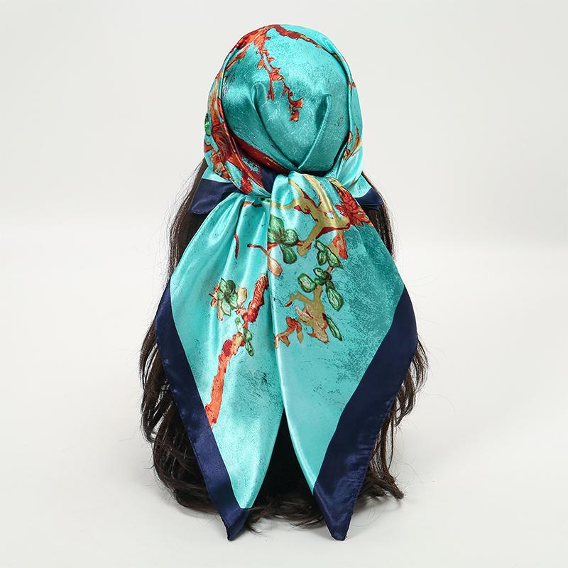 

Fashion Silk Square Scarf for Women Hair Band Soft Neckerchief Vintage Hijab Flower Print Headscarf Female Pashmina Bandana 90x90cm