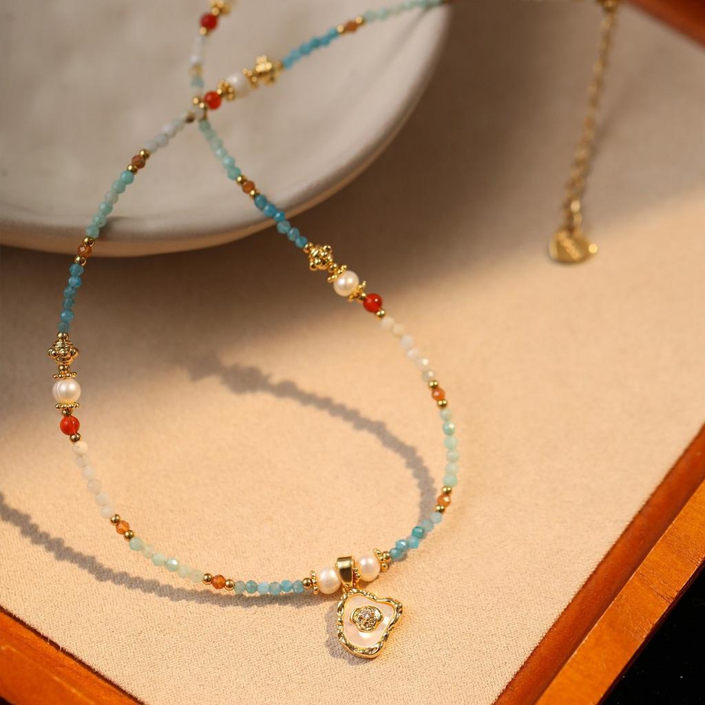 Chinese Style Blue Tungsten Freshwater Pearl Beaded Clavicle Chain Necklace Medieval Style for Women Jewelry Accessories