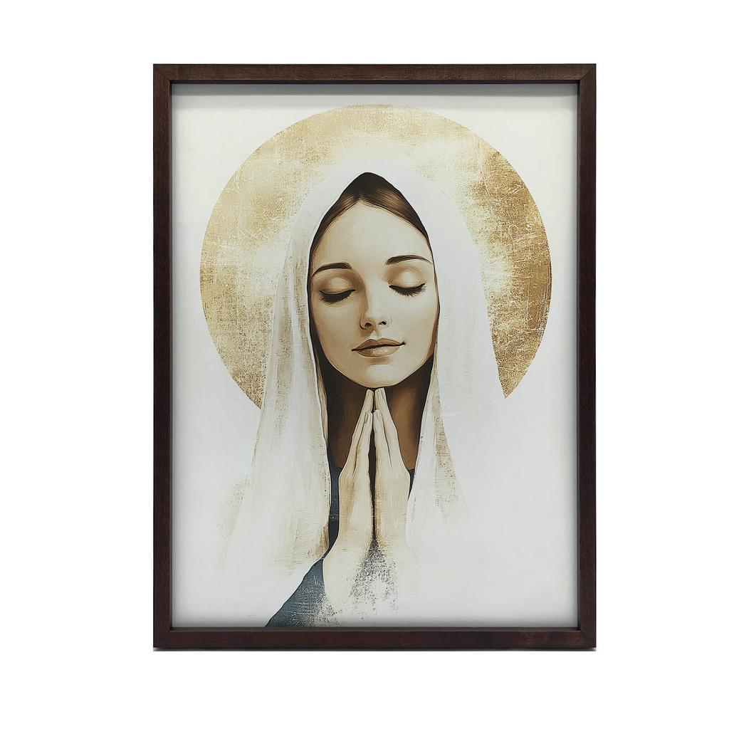 Modlitwa Matki Boskiej Z Złotą Aureolą Modlitwa Matki Boskiej Z Złotą Aureolą, 30X40 Cm, Rama Aluminiowa Czarna, Papier Matowy 230 Gsm