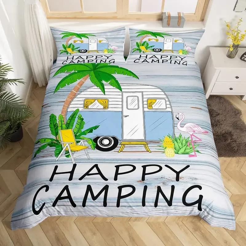 Camper Bedding Set Kids Happy Camping Duvet Cover Set Microfiber Rv Camping Quilt Cover Camper Accessories For Travel Trailers