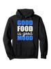 Unisex Black Casual Hoodie with Good Food Is Good Mood Blue Print & White Lettering - Comfortable Pullover Sweatshirt, Kangaroo Pocket, All-Season Fit