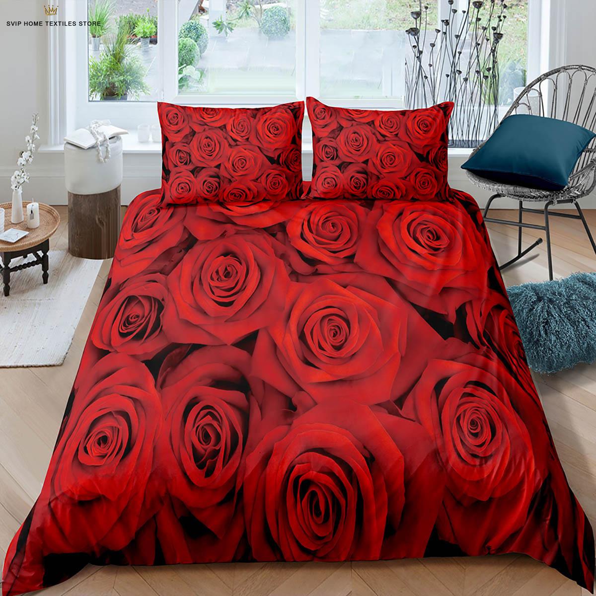 

Винтажный комплект постельного белья с принтом красных роз Пододеяльник Наволочка Набор из трех предметов Романтический подарок на День святого Валентина EU 135x200cm 2PCS