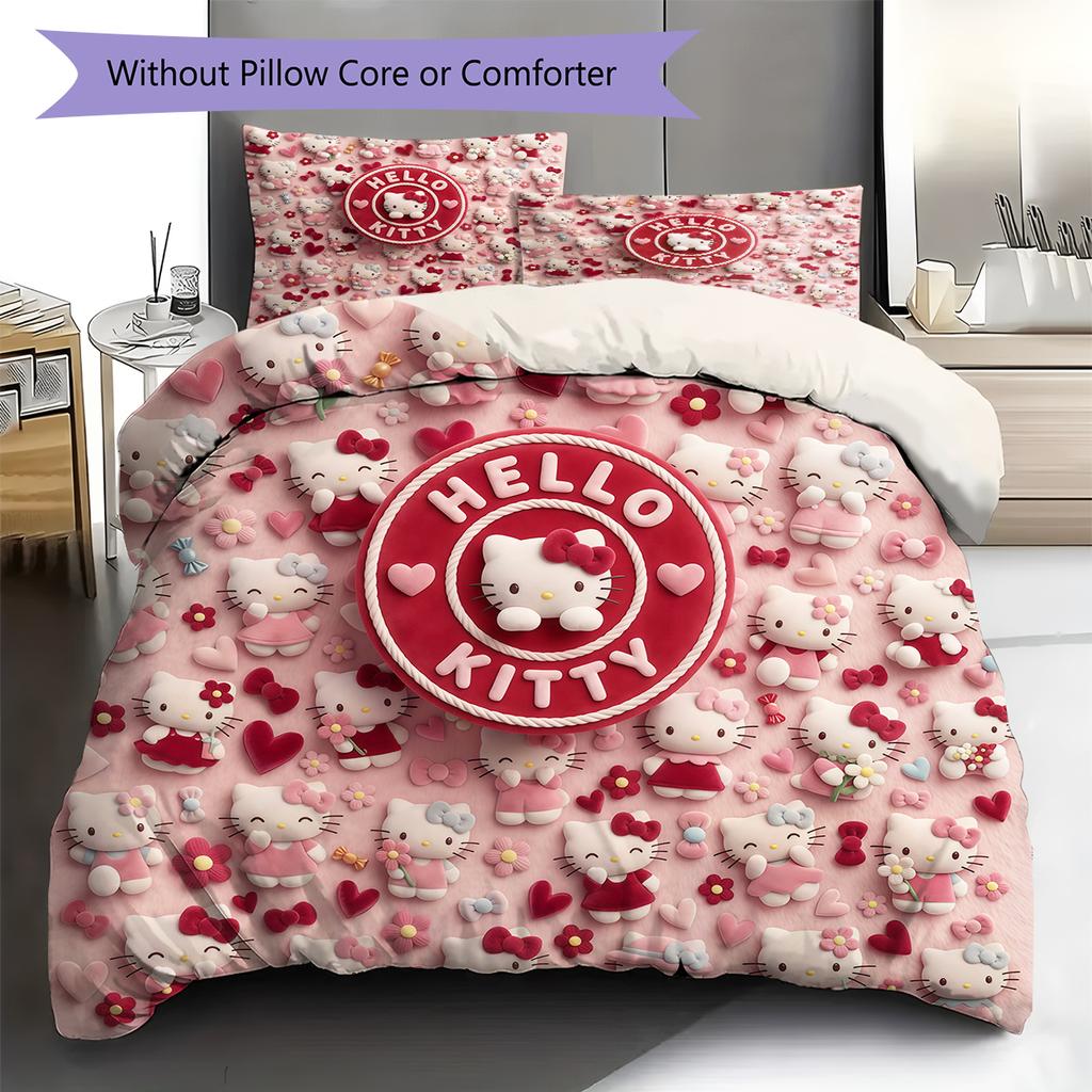 Hello Kitty Cute Pattern Bedding,Quilt Set Quilt Cover Pillowcase Home Birthday Gift(1 * Duvet Cover + 2 * Pillowcase, Without Core)