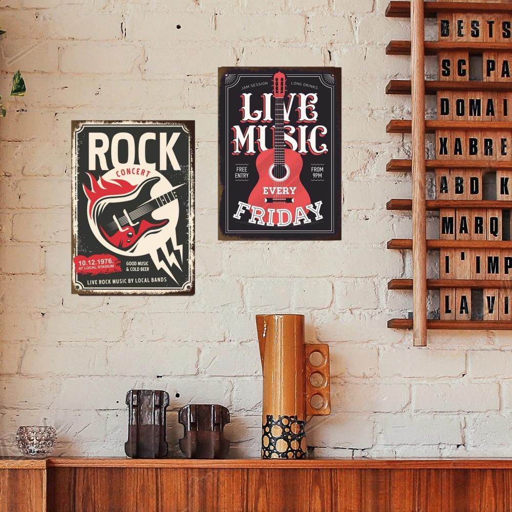 Vintage Tin Signs Decor Rock Music Metal Posters Retro Guitar Rock Party Metal Plates Room Wall Art for Bar Pub Club