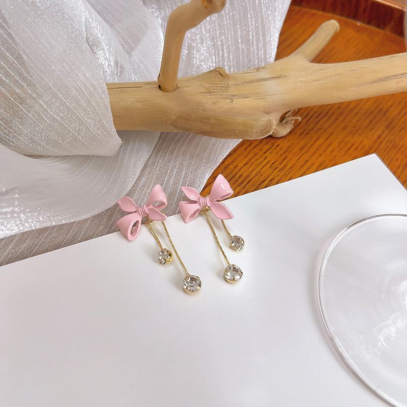 Long Pink Bow Fringed Earrings, Beautiful Temperament, Super Fairy Rhinestone Fairy Wind Thin Stud Earrings
