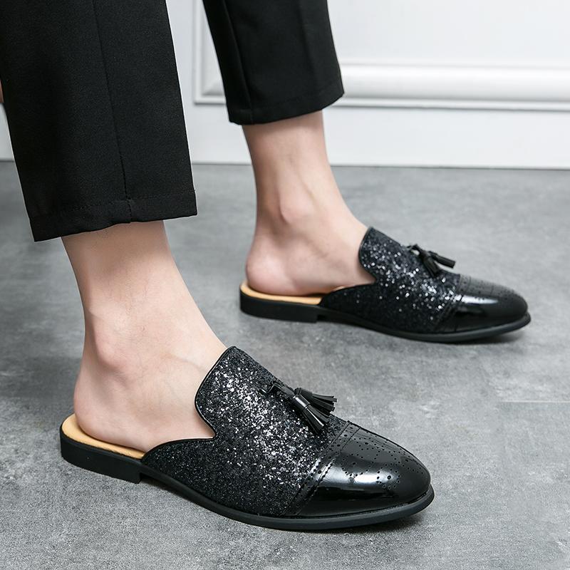 Summer Half Shoes for Men Black Loafers Slippers Patent Leather Casual Driving Shoes Loafer Lightweight Flats Sandals Big Size47