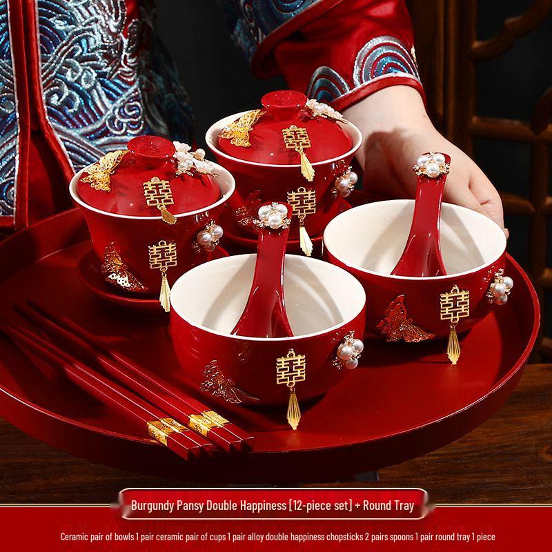 Double Happiness Butterfly Love Teacup Set: Wedding Bowls, Red Tea Set, Chopstick Pair, Dowry Gift