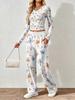 Floral pattern printed women's V-neck long-sleeved trousers set Comfortable casual versatile slim two-piece set