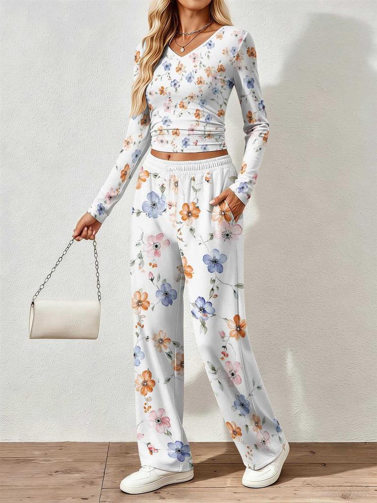 Floral pattern printed women's V-neck long-sleeved trousers set Comfortable casual versatile slim two-piece set