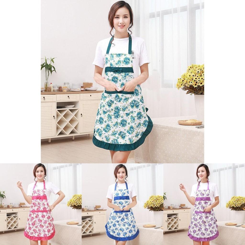Elegant Women Floral Kitchen Bib Apron With Stylish Pockets For Cooking And Baking