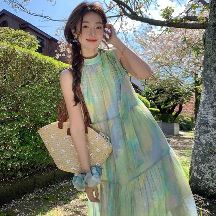 French sweet design smudged mint mambo green neck dress fairy summer seaside vacation skirt S