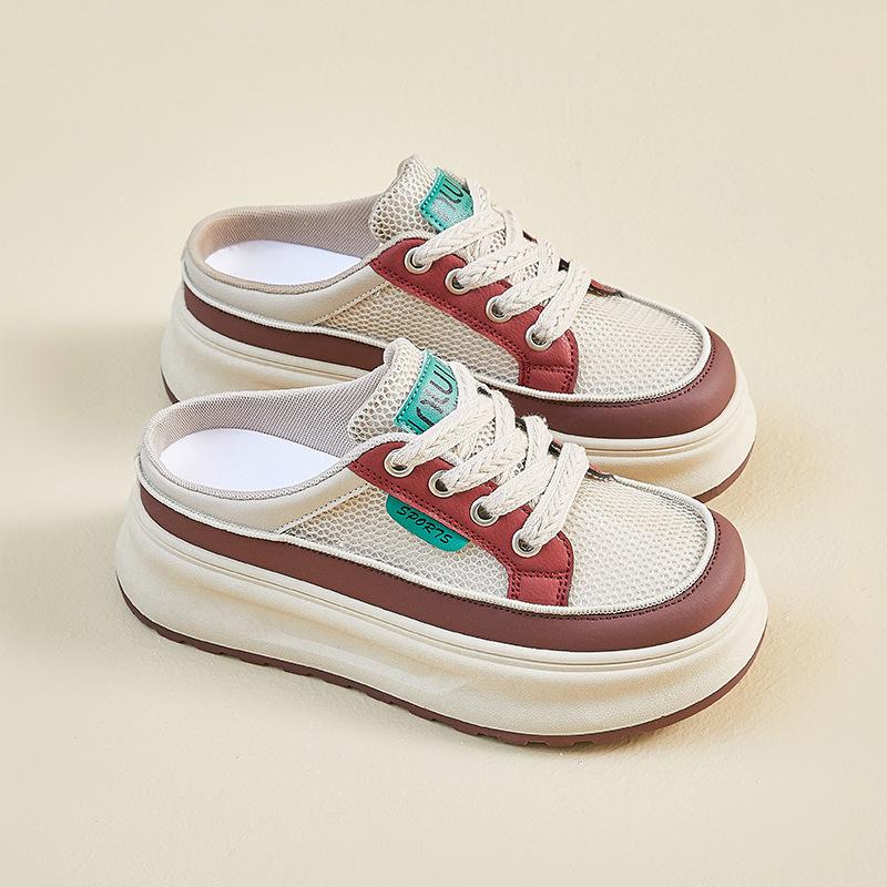 Summer Half-support White Shoes New Style for Female Students Thick Sole Heightened Mesh Breathable and Casual