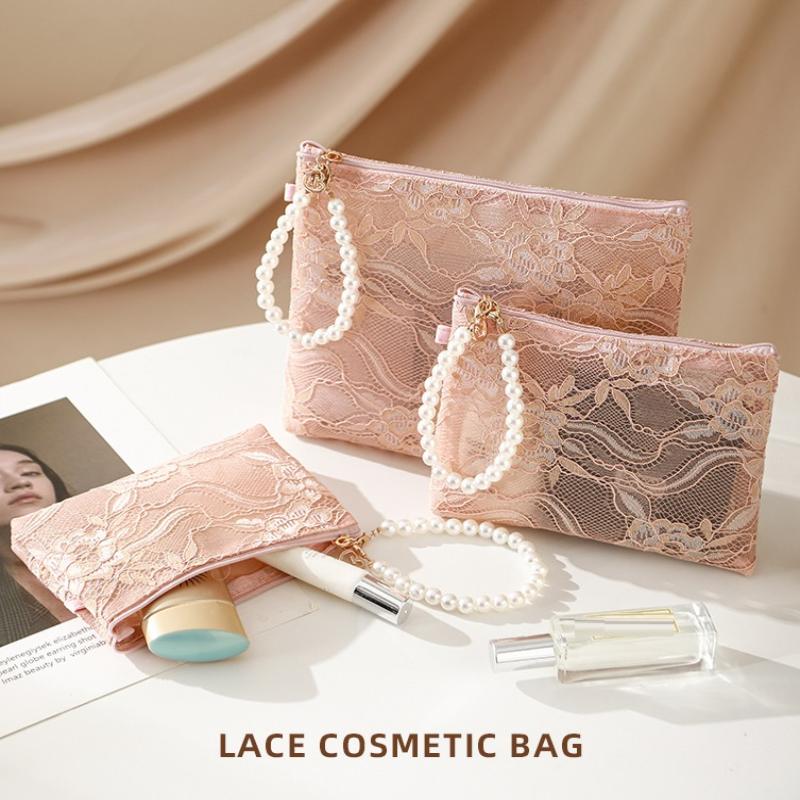 Lace Cosmetic Bag With Pearl Wrist Strap And Semi Transparent Design Perfect For Daily Makeup Storage Travel Use