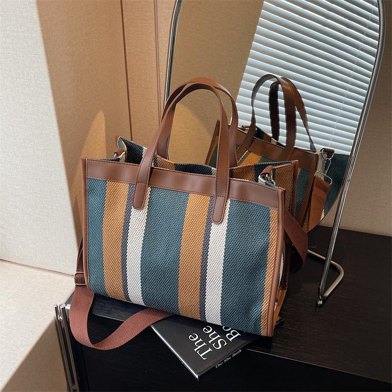 Canvas Bag Women's Large-capacity New Contrasting Color Shoulder Messenger Bag Class Bag Commuter Tote Bag