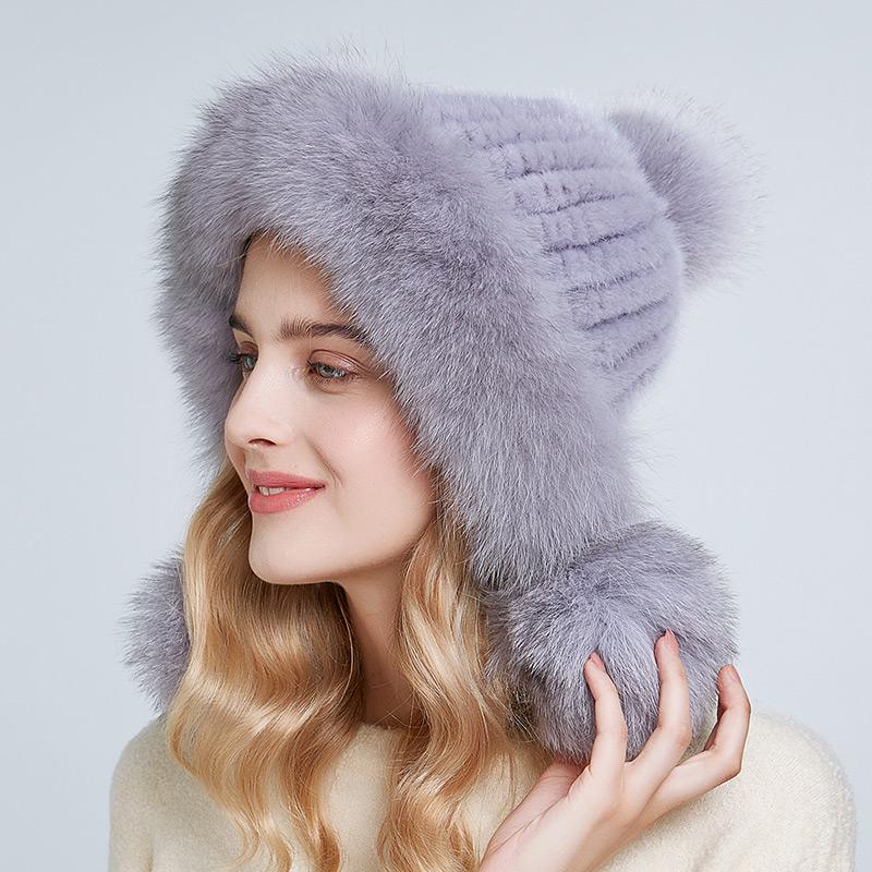 Winter Real Mink Fur Hat for Women Fox Fur Pompom Ear Protect Caps Warm Lined Knitted Fur Beanie Hat With Custom Logo